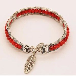 Takahashi Goro's Handmade Red Turquoise Feather Cuff Bracelet Bangle